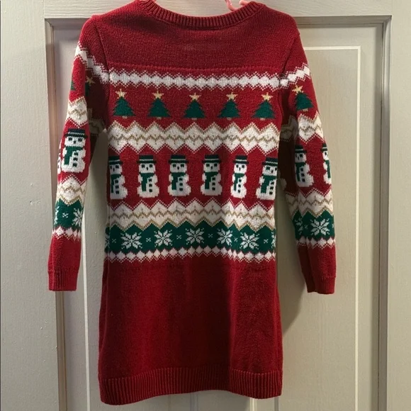The Children’s Place Festive Red Knit Dress with Snowman and Tree Design - Picture 2 of 8